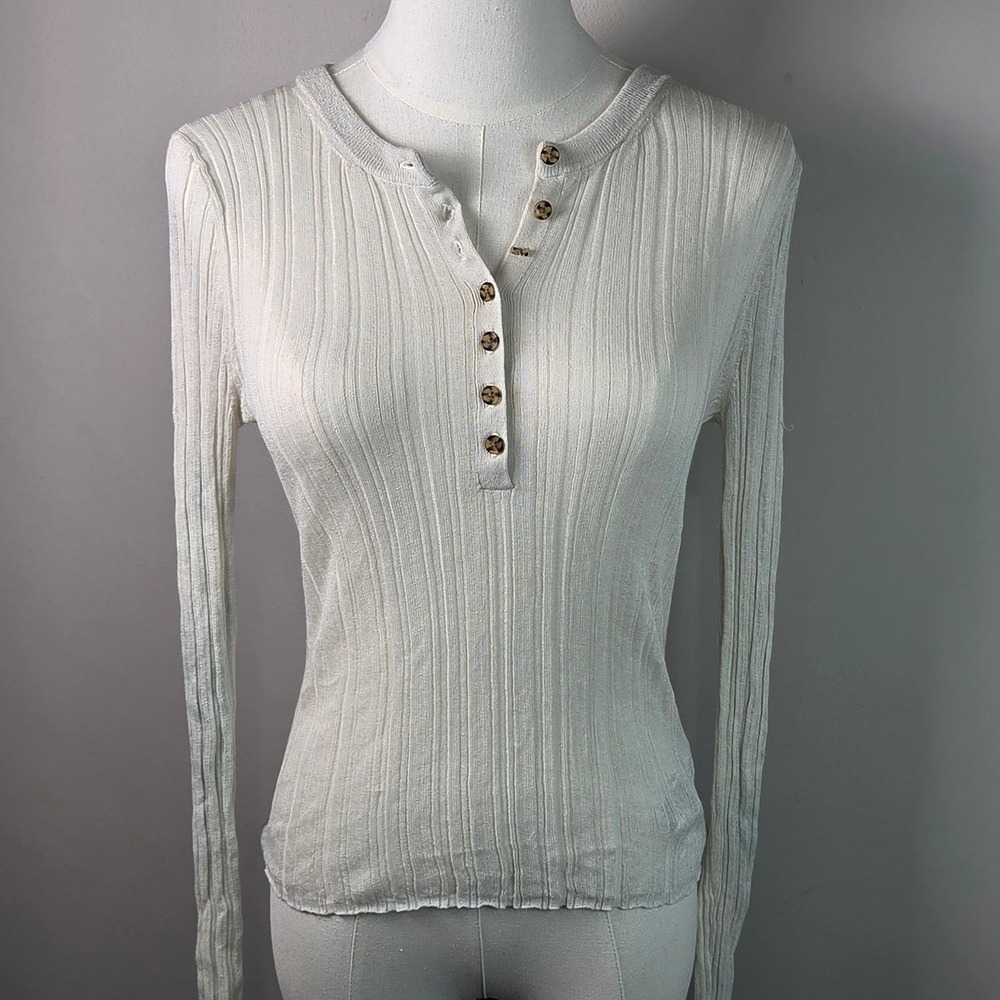 Gap Sheer Rib Henley Women Small Chino Fair Ribbed Knit Long Sleeve 820751-04